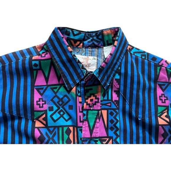 Vintage Duke Western Wear Aztec Southwestern Deco Shirt Size L Cowboy Retro 90s - Picture 3 of 6